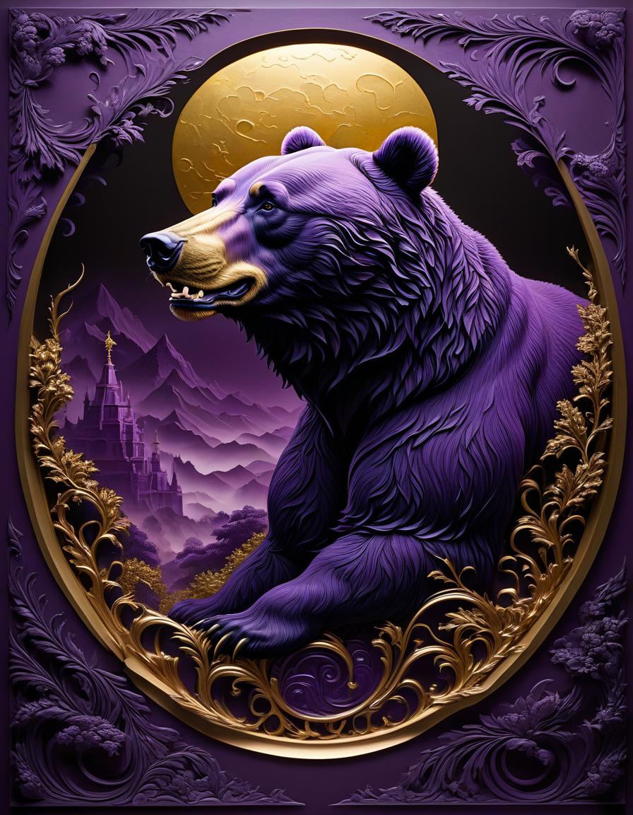  stacked papercut art of Oil Painting. Highly detailed image with double exposure and layering of textures. Far background. Silhouette of surreal unrealistic, fantastic big mouth of bear: vegetal ethnic ornament. Background surrealistic abstractionism: perfectly round huge moon:: vegetative elements shining through the foggy. Thin golden patterns of mysticism and magic:: frame, vignette. Stylistics: neorococo, fantasy abstraction, surrealism, mysticism. In shades of violet and purple, black and gold. In the manner of Andrew Jones, Fragonard, Carole Buck, Mab Graves, Bill Carman, Jean Baptiste Monge. High quality. . 3D, layered, dimensional, depth, precision cut, stacked layers, papercut, high contrast hyperrealistic, full body, detailed clothing, highly detailed, cinematic lighting, stunningly beautiful, intricate, sharp focus, f/1. 8, 85mm, (centered image composition), (professionally color graded), ((bright soft diffused light)), volumetric fog, trending on instagram, trending on tumblr, HDR 4K, 8K