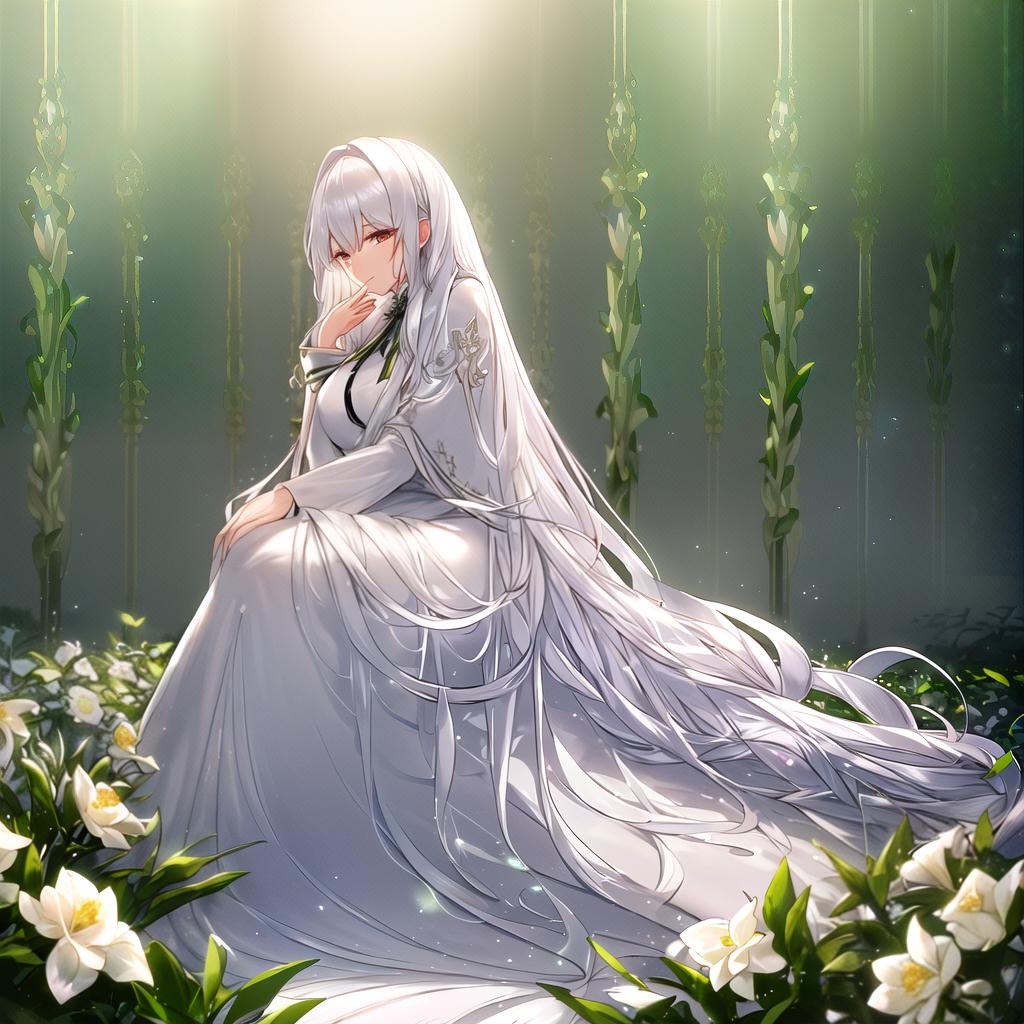  (masterpiece, best quality),1girl with long white hair sitting in a field of green plants and flowers, her hand under her chin, warm lighting, white dress, blurry foreground hyperrealistic, full body, detailed clothing, highly detailed, cinematic lighting, stunningly beautiful, intricate, sharp focus, f/1. 8, 85mm, (centered image composition), (professionally color graded), ((bright soft diffused light)), volumetric fog, trending on instagram, trending on tumblr, HDR 4K, 8K