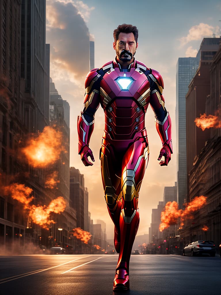  ironman tony stark in cinematic poster hyperrealistic, full body, detailed clothing, highly detailed, cinematic lighting, stunningly beautiful, intricate, sharp focus, f/1. 8, 85mm, (centered image composition), (professionally color graded), ((bright soft diffused light)), volumetric fog, trending on instagram, trending on tumblr, HDR 4K, 8K