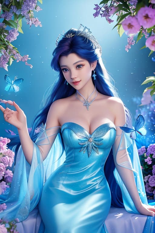  A highly detailed and realistic photo in the style of Disney, featuring a character resembling young Ariel . The image shows young Ariel wearing a sparkling blue dress, surrounded by glowing butterflies. She is sitting on a petal strewn ledge in a magical, dreamy environment. The scene is illuminated with soft, mystical light, creating an enchanting and whimsical atmosphere. Elsa's expression is filled with wonder and joy as she interacts with the butterflies. The background is softly blurred to keep the focus on Ariel and the butterflies hyperrealistic, full body, detailed clothing, highly detailed, cinematic lighting, stunningly beautiful, intricate, sharp focus, f/1. 8, 85mm, (centered image composition), (professionally color graded), ((bright soft diffused light)), volumetric fog, trending on instagram, trending on tumblr, HDR 4K, 8K