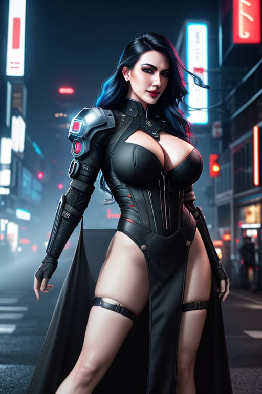  ultra realistic portrait ((beautiful pale cyberpunk female with heavy black eyeliner)), blue eyes, shaved side haircut, long wavy hair, huge boobs, deep cleavage, provocative, joyful smile, hyper detail, cinematic lighting, magic neon, dark red city, Canon EOS R3, nikon, f/1.4, ISO 200, 1/160s, 8K, RAW, unedited, symmetrical balance, in frame, 8K hyperrealistic, full body, detailed clothing, highly detailed, cinematic lighting, stunningly beautiful, intricate, sharp focus, f/1. 8, 85mm, (centered image composition), (professionally color graded), ((bright soft diffused light)), volumetric fog, trending on instagram, trending on tumblr, HDR 4K, 8K