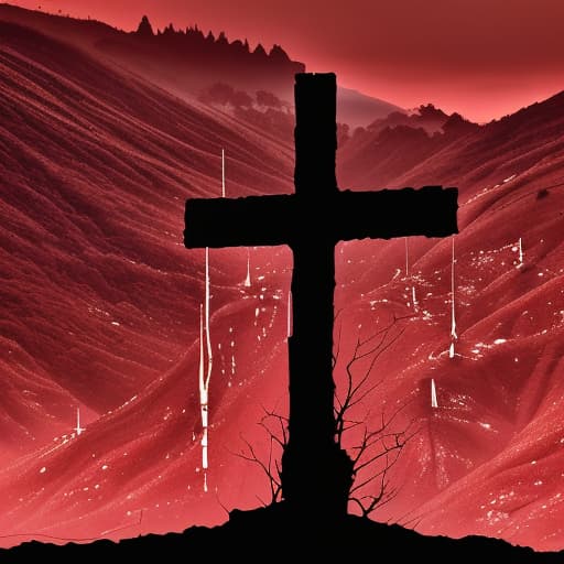  Big wooden cross over a mountain with drops of blood dripping on the cross. Make it a silhouette