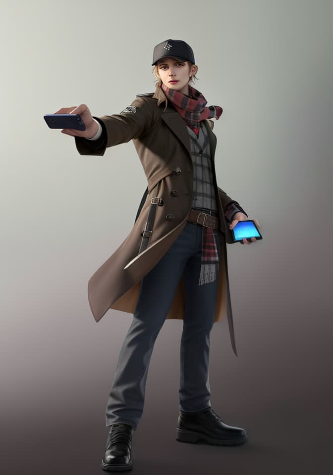  masterpiece, best quality, Best quality, female, genderswap, trench coat, scarf, baseball cap, night, Adrien Pearce, Watch Dogs, holding smartphone, dynamic pose.