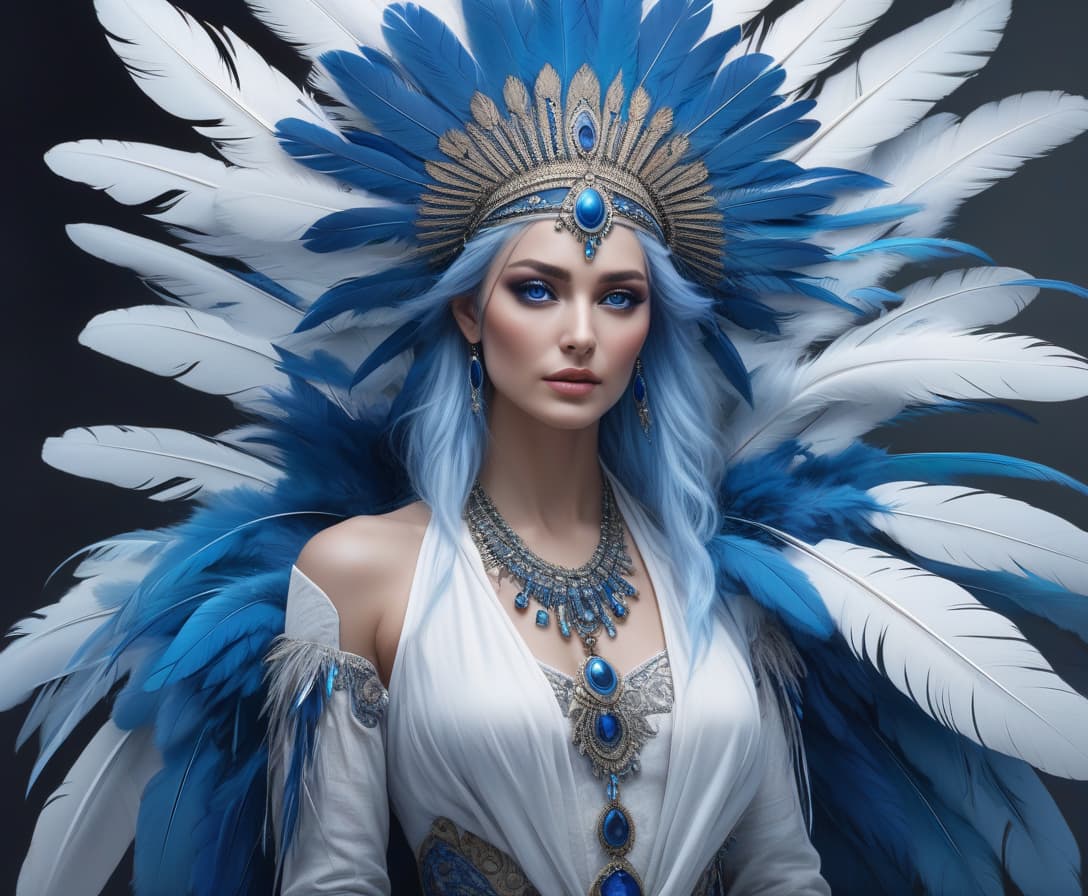  concept art "This is a portrait of a person with feathers for hair. Their eyes are a profound, mesmerizing blue. The feathers rustle and shift with their emotions." . digital artwork, illustrative, painterly, matte painting, highly detailed hyperrealistic, full body, detailed clothing, highly detailed, cinematic lighting, stunningly beautiful, intricate, sharp focus, f/1. 8, 85mm, (centered image composition), (professionally color graded), ((bright soft diffused light)), volumetric fog, trending on instagram, trending on tumblr, HDR 4K, 8K