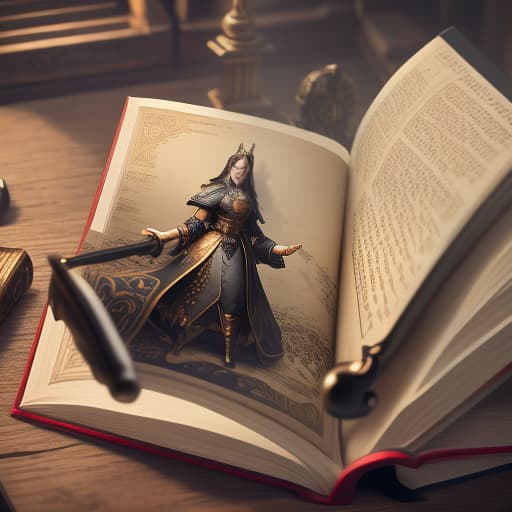  A book, inkwell, and pen on a medieval table. hyperrealistic, full body, detailed clothing, highly detailed, cinematic lighting, stunningly beautiful, intricate, sharp focus, f/1. 8, 85mm, (centered image composition), (professionally color graded), ((bright soft diffused light)), volumetric fog, trending on instagram, trending on tumblr, HDR 4K, 8K