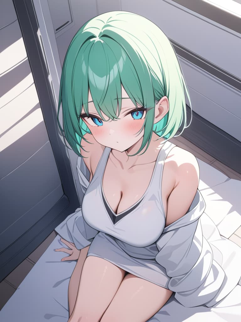  Green hair short hair character of the sun god, masterpiece, best quality,8k,ultra detailed,high resolution,an extremely delicate and beautiful,hyper detail