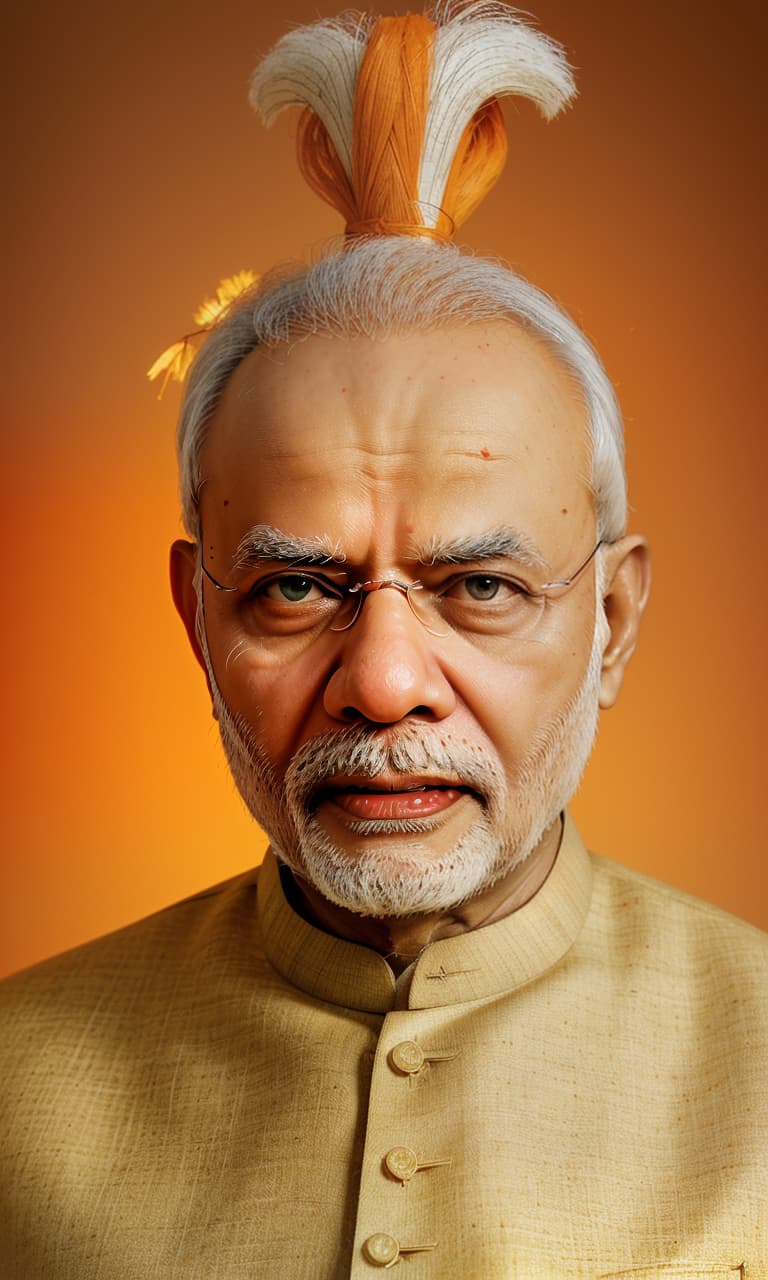 A high resolution photograph of Narendra Modi, wearing a yellowish orange traditional Indian dress, with a blank background. His face is highly detailed, showing his expressions of determination and leadership. Created Using: high resolution camera, photorealism, detailed facial features, vibrant colors, sharp focus, natural lighting, expressive portrait, minimalistic background
