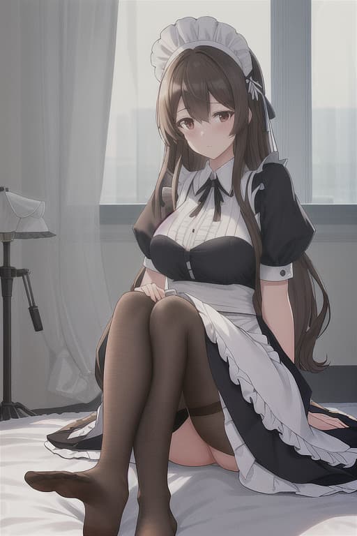  (score 9,score 8 up,score 7 up,),1girl,solo,maid,maid headdress,looking at viewer,apron,brown hair,indoors,black hair,nylon feet ,feet focus,two feet, nylons hyperrealistic, full body, detailed clothing, highly detailed, cinematic lighting, stunningly beautiful, intricate, sharp focus, f/1. 8, 85mm, (centered image composition), (professionally color graded), ((bright soft diffused light)), volumetric fog, trending on instagram, trending on tumblr, HDR 4K, 8K