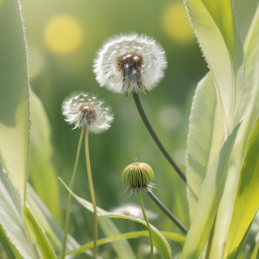  Make a beautiful picture from this image with oil: dandelions in the grass through the sun's rays hyperrealistic, full body, detailed clothing, highly detailed, cinematic lighting, stunningly beautiful, intricate, sharp focus, f/1. 8, 85mm, (centered image composition), (professionally color graded), ((bright soft diffused light)), volumetric fog, trending on instagram, trending on tumblr, HDR 4K, 8K