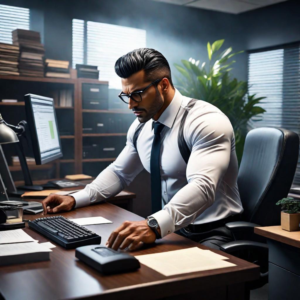  A male employee is slacking off at his desk. hyperrealistic, full body, detailed clothing, highly detailed, cinematic lighting, stunningly beautiful, intricate, sharp focus, f/1. 8, 85mm, (centered image composition), (professionally color graded), ((bright soft diffused light)), volumetric fog, trending on instagram, trending on tumblr, HDR 4K, 8K