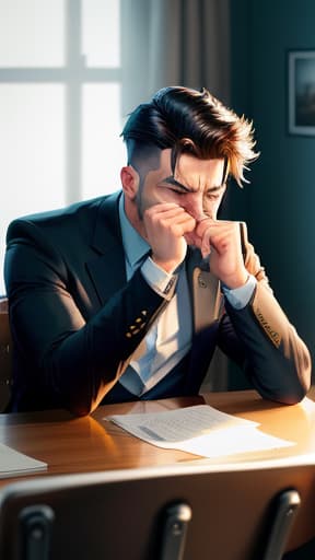  a man in his anger slams his hands on the table and at the same time everything in the room is blown from its spot as if a bomb went off, hyperrealistic, high quality, highly detailed, perfect lighting, intricate, sharp focus, f/1. 8, 85mm, (centered image composition), (professionally color graded), ((bright soft diffused light)), trending on instagram, HDR 4K, 8K