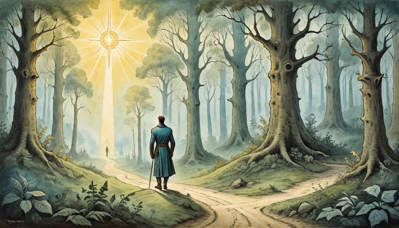  on parchment, surrealism+++, A determined figure standing at a crossroads, clear skies above with a radiant sunbeam illuminating one path, dense forest in another path, decision making, independence, affirmation(mysterious, provocative, symbolic,muted color)+++