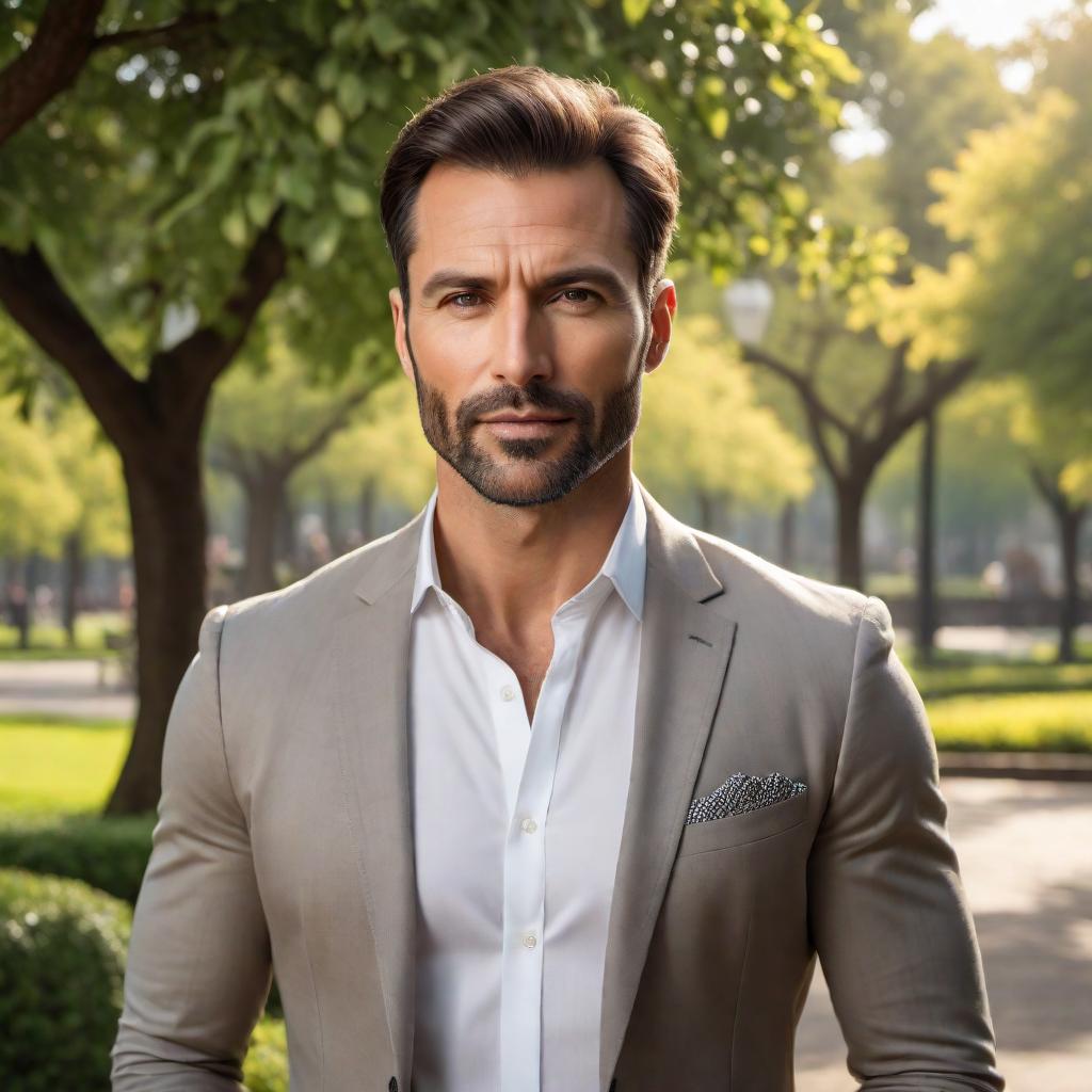  A man in his mid-30s, looking determined and hopeful, ready to better his life. He has a confident posture, is neatly dressed in smart casual attire, with a slight smile on his face. The background is uplifting, perhaps a sunny park or an urban setting that signifies opportunities and growth. hyperrealistic, full body, detailed clothing, highly detailed, cinematic lighting, stunningly beautiful, intricate, sharp focus, f/1. 8, 85mm, (centered image composition), (professionally color graded), ((bright soft diffused light)), volumetric fog, trending on instagram, trending on tumblr, HDR 4K, 8K