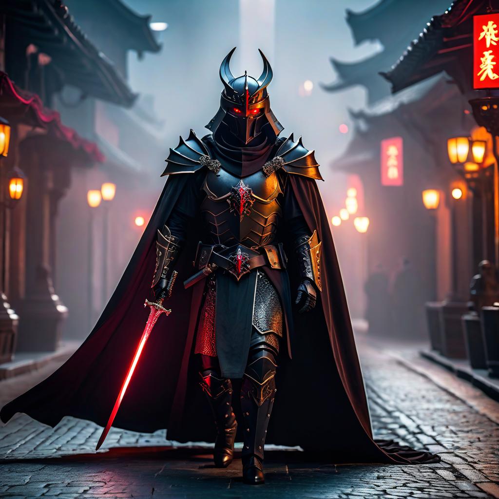  cinematic film still The king of the abyss with red eyes wearing black armor around his chest radiates red light with a black sword from which black particles are emitted. . shallow depth of field, vignette, highly detailed, high budget, bokeh, cinemascope, moody, epic, gorgeous, film grain, grainy, hkmagic hyperrealistic, full body, detailed clothing, highly detailed, cinematic lighting, stunningly beautiful, intricate, sharp focus, f/1. 8, 85mm, (centered image composition), (professionally color graded), ((bright soft diffused light)), volumetric fog, trending on instagram, trending on tumblr, HDR 4K, 8K