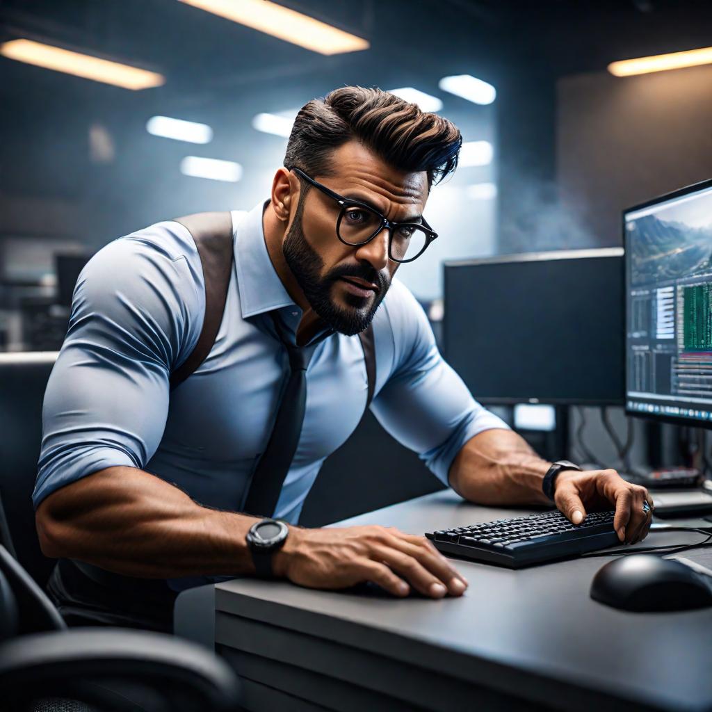  A male employee is goofing off at his workstation. hyperrealistic, full body, detailed clothing, highly detailed, cinematic lighting, stunningly beautiful, intricate, sharp focus, f/1. 8, 85mm, (centered image composition), (professionally color graded), ((bright soft diffused light)), volumetric fog, trending on instagram, trending on tumblr, HDR 4K, 8K