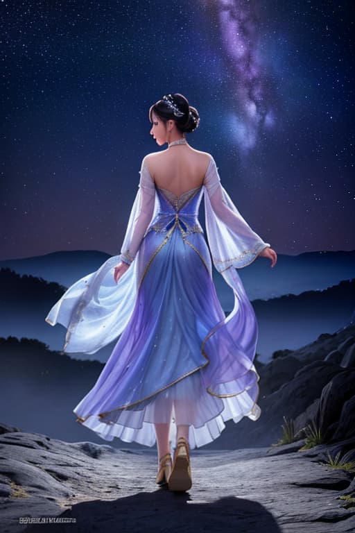  The character&#39;s face is not visible from the back. Walking toward the Milky Way in an elegant manner. The Milky Way emits a beautiful combination of purple and blue colors, and numerous stars are shining. The sky is dark at night, but the light of the Milky Way illuminates the surroundings brightly. The light of the Milky Way stretches out like a road in front of the character, brightly illuminating the path she walks. Overall, this scene creates a mysterious and fantastic atmosphere, as if you could see it in a dream. The back view of the person walking is soft and elegant, and combined with the beauty of the Milky Way, it creates a picturesque scene. A person can be seen slightly to the left of the center of the image. The figure has  hyperrealistic, full body, detailed clothing, highly detailed, cinematic lighting, stunningly beautiful, intricate, sharp focus, f/1. 8, 85mm, (centered image composition), (professionally color graded), ((bright soft diffused light)), volumetric fog, trending on instagram, trending on tumblr, HDR 4K, 8K