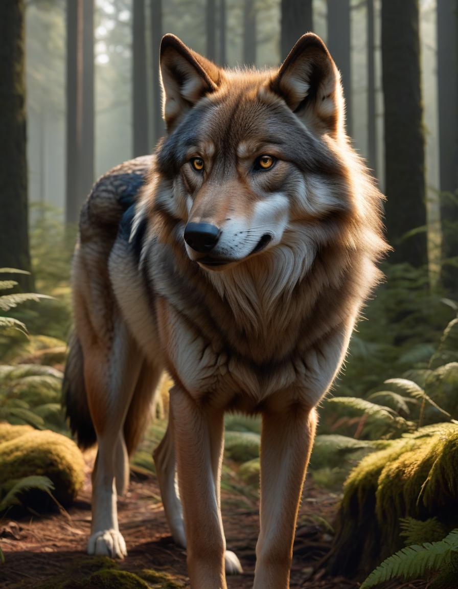  hyperrealistic art Brown wolf, full grown, forest, fantasy, UHD . extremely high resolution details, photographic, realism pushed to extreme, fine texture, incredibly lifelike hyperrealistic, full body, detailed clothing, highly detailed, cinematic lighting, stunningly beautiful, intricate, sharp focus, f/1. 8, 85mm, (centered image composition), (professionally color graded), ((bright soft diffused light)), volumetric fog, trending on instagram, trending on tumblr, HDR 4K, 8K