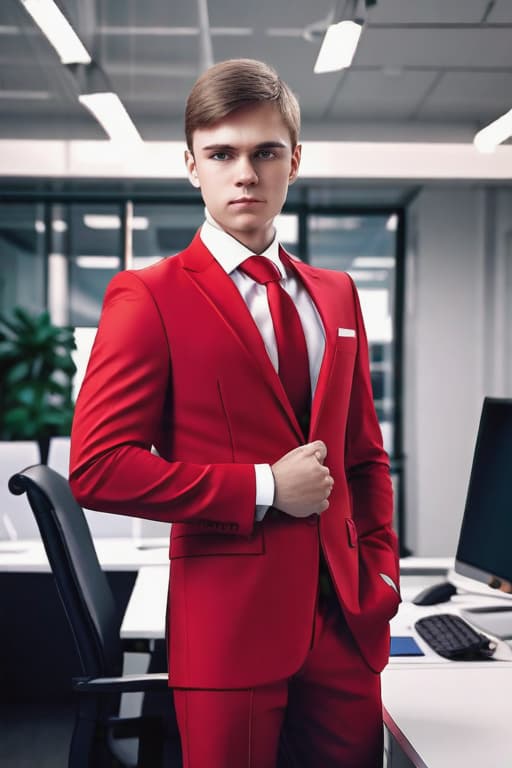  Cly handsome Russian boy in a red Official suit in the office, photo, cinematic