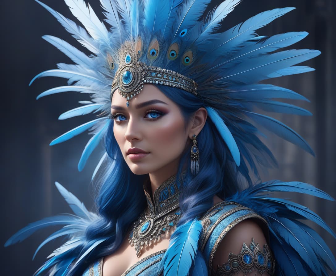  concept art "This is a portrait of a person with feathers for hair. Their eyes are a profound, mesmerizing blue. The feathers rustle and shift with their emotions." . digital artwork, illustrative, painterly, matte painting, highly detailed hyperrealistic, full body, detailed clothing, highly detailed, cinematic lighting, stunningly beautiful, intricate, sharp focus, f/1. 8, 85mm, (centered image composition), (professionally color graded), ((bright soft diffused light)), volumetric fog, trending on instagram, trending on tumblr, HDR 4K, 8K