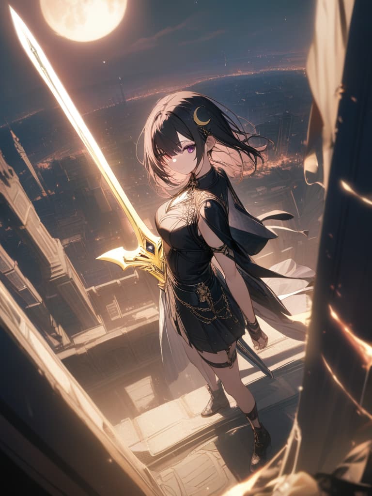  Holy sword,golden sword,burning city,smile,sword raised,golden light,Excalibur,cool girl,Black hair,(purple eyes),short,cropped hair,crescent moon hair ornament, masterpiece, best quality,8k,ultra detailed,high resolution,an extremely delicate and beautiful,hyper detail