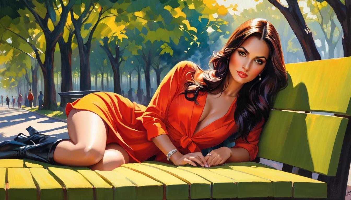  oil paintingAttractive woman sitting on a park bench during sunset, her face reflecting disappointment, couples around her lost in mundane conversations, beautiful yet melancholic colors as the sun dips below the horizon.(energetic brushwork, bold vibrant colors, expressive, emotional,bold brush, oil stroke, raw, emotional, dynamic, distortion for emotional effect, detailed,beautiful, loose brushwork, light and shadow play, captures feeling over form, balanced color