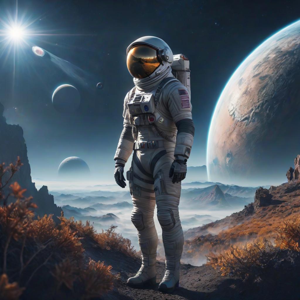  planet landscape, space hyperrealistic, full body, detailed clothing, highly detailed, cinematic lighting, stunningly beautiful, intricate, sharp focus, f/1. 8, 85mm, (centered image composition), (professionally color graded), ((bright soft diffused light)), volumetric fog, trending on instagram, trending on tumblr, HDR 4K, 8K