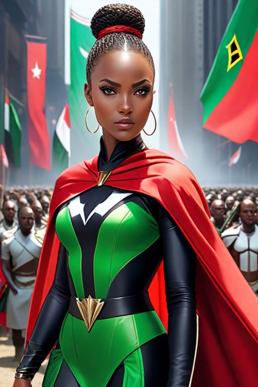  Pretty African aged 15, very beautiful with black superhero costume, long cape in the colors of the flag of Kenya red green black white, Afro bun, herd of zes in the background, determined look, very beautiful, brown eyes, eyes in almond, small s, slight smile hyperrealistic, full body, detailed clothing, highly detailed, cinematic lighting, stunningly beautiful, intricate, sharp focus, f/1. 8, 85mm, (centered image composition), (professionally color graded), ((bright soft diffused light)), volumetric fog, trending on instagram, trending on tumblr, HDR 4K, 8K