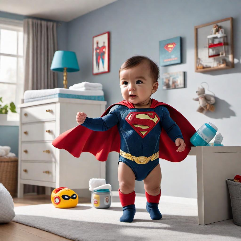  A comical and heartwarming scene where a super is getting their first diaper change. The has tiny superhero features, like a small cape and mask, and is floating slightly above the changing table, with a expression. The parent is wide-eyed and trying to manage, with diapering supplies magically levitating around them. The room is a typical nursery with colorful decor and essentials. hyperrealistic, full body, detailed clothing, highly detailed, cinematic lighting, stunningly beautiful, intricate, sharp focus, f/1. 8, 85mm, (centered image composition), (professionally color graded), ((bright soft diffused light)), volumetric fog, trending on instagram, trending on tumblr, HDR 4K, 8K