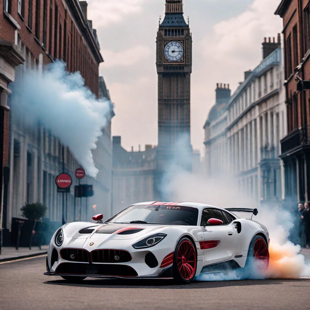  A TikTok video concept featuring an RC car with aluminum wheels. The scene includes exciting burnouts and is set in the backdrop of iconic London landmarks. The video incorporates flashy effects and showcases Gucci Maine's music. The caption on the video reads: '🔥 Check out the slick aluminum wheels on my RC car tearing it up! 🏎💨 Watch this burnout session in the heart of London while Gucci Maine sets the vibe! 🎶 Don't miss out - turn on that sound and feel the thrill! #RCcar #Burnout #London #GucciMaine #DGDA #CarMods 🚗✨'. High-definition footage with slow-motion effects and engaging call-to-action elements are included. hyperrealistic, full body, detailed clothing, highly detailed, cinematic lighting, stunningly beautiful, intricate, sharp focus, f/1. 8, 85mm, (centered image composition), (professionally color graded), ((bright soft diffused light)), volumetric fog, trending on instagram, trending on tumblr, HDR 4K, 8K