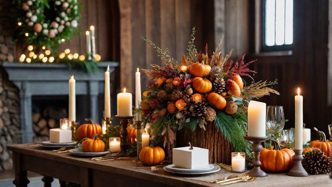  Generate an image of a captivating wedding table centerpiece designed for an autumn wedding. The centerpiece should have a base made of a <strong>wood slice</strong> and be decorated with vibrant fall foliage, pinecones, and mini pumpkins. Include delicate fairy lights intertwined with the foliage to add a romantic touch. The overall look should reflect a blend of nature inspired beauty and <strong>rustic wedding decor</strong>, suitable for an outdoor or barn wedding. hyperrealistic, full body, detailed clothing, highly detailed, cinematic lighting, stunningly beautiful, intricate, sharp focus, f/1. 8, 85mm, (centered image composition), (professionally color graded), ((bright soft diffused light)), volumetric fog, trending on instagram, trending on tumblr, HDR 4K, 8K