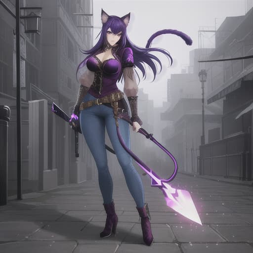  Cat girl, purple eyes, in a jean outfit, Narcotics, with weapons hyperrealistic, full body, detailed clothing, highly detailed, cinematic lighting, stunningly beautiful, intricate, sharp focus, f/1. 8, 85mm, (centered image composition), (professionally color graded), ((bright soft diffused light)), volumetric fog, trending on instagram, trending on tumblr, HDR 4K, 8K