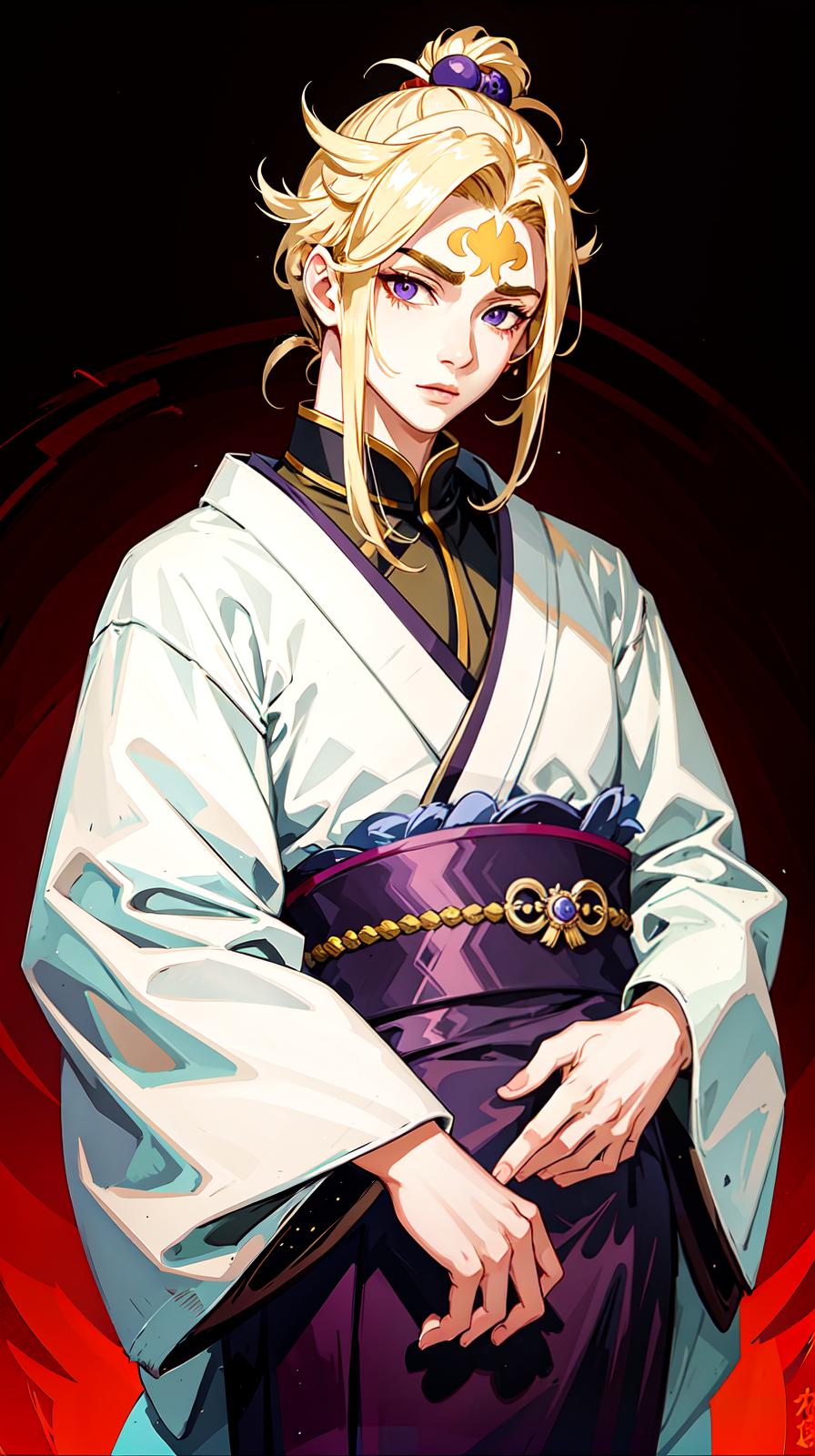  master piece , best quality,Short blonde hair with a long collar and long sideburns, upswept eyebrows, three white eyes with purple pupils and a red mark on the forehead, lips neither too thick nor too thin, slim build, beautiful young man in a kimono.