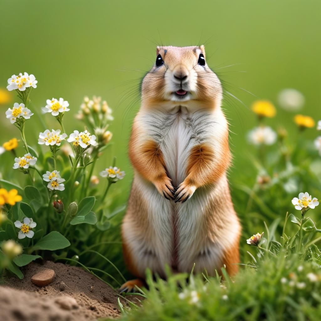  funny cute prairie dog, green grass, small flowers, sunny day, photography hyperrealistic, full body, detailed clothing, highly detailed, cinematic lighting, stunningly beautiful, intricate, sharp focus, f/1. 8, 85mm, (centered image composition), (professionally color graded), ((bright soft diffused light)), volumetric fog, trending on instagram, trending on tumblr, HDR 4K, 8K