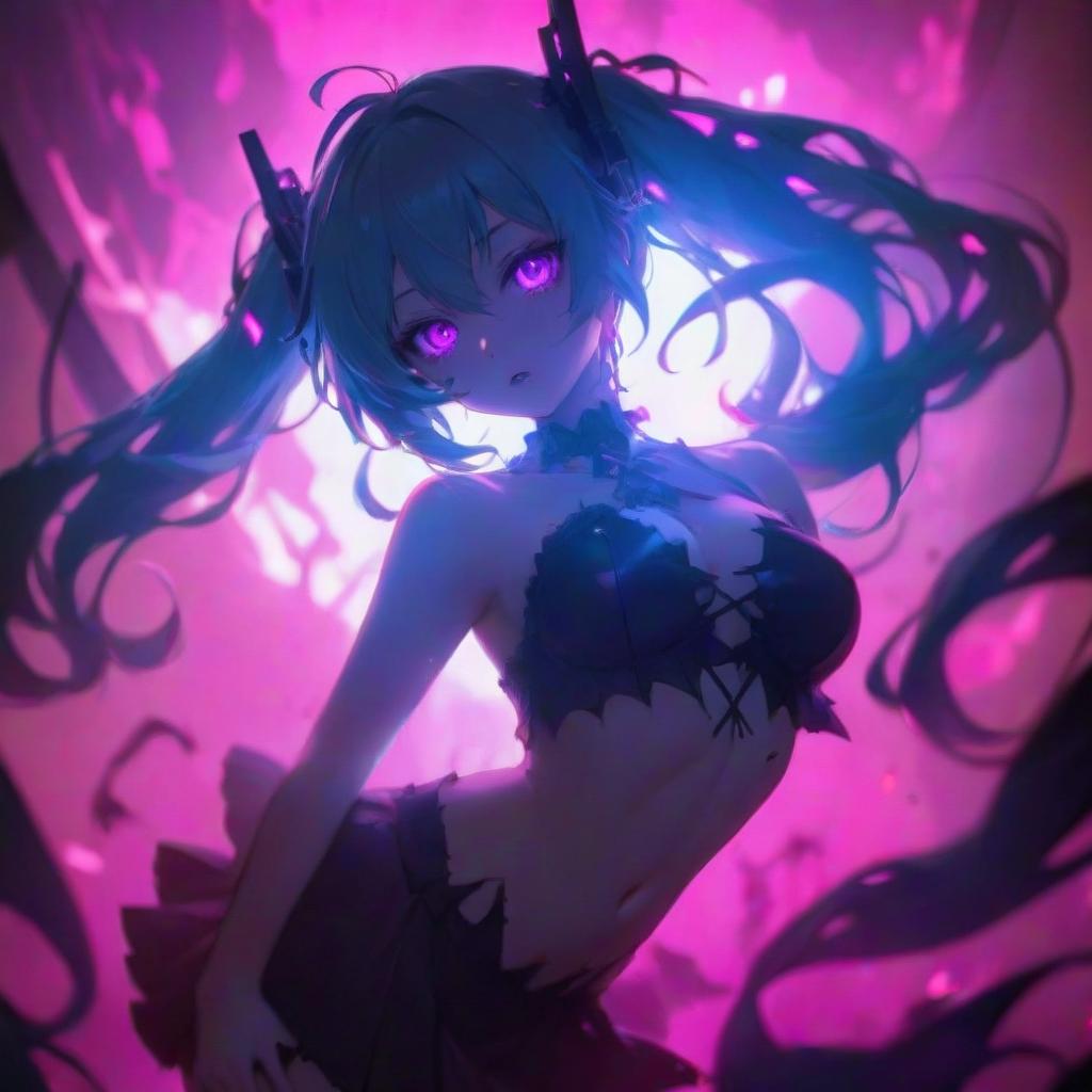  anime artwork a with gles standing in front of a purple light, hatsune miku, very devil outfit, ( ( ilration, shadows of zombies, 5 d, malevolent eny, best on wlop, by Aleksandr Ivanovich Laktionov, live2d, 🎀 🧟 🍓 🧚, h 1 0 2 4, 1024x1024 . anime style, key visual, vint, studio anime, highly detailed hyperrealistic, full body, detailed clothing, highly detailed, cinematic lighting, stunningly beautiful, intricate, sharp focus, f/1. 8, 85mm, (centered image composition), (professionally color graded), ((bright soft diffused light)), volumetric fog, trending on instagram, trending on tumblr, HDR 4K, 8K