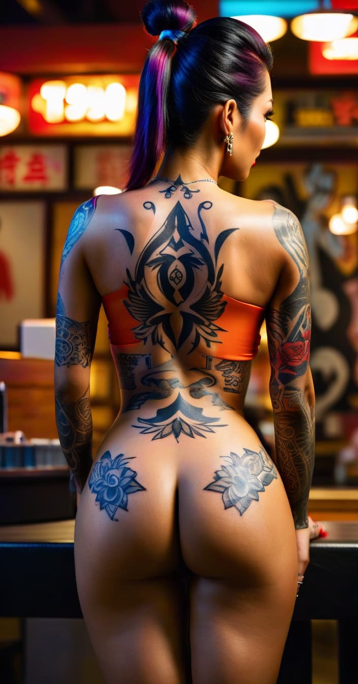  Realistic (highly detailed) RAW (full color)((back view) central symmetrical composition))(knee deep) photo. Beautiful () (ponytail) with ((colorful yakuza style tattoos) all over her body). (((Back view))(centered symmetrical composition)). ((Perfect slim body with perfect round ocks)), ((perfect ((visible pssy)) in view)). Sharp focus. (Perfect professional lighting),(best illumination), 8K, HDR, UHD, ((light orange gradient in the background)), (best HQ Professional photography). hyperrealistic, full body, detailed clothing, highly detailed, cinematic lighting, stunningly beautiful, intricate, sharp focus, f/1. 8, 85mm, (centered image composition), (professionally color graded), ((bright soft diffused light)), volumetric fog, trending on instagram, trending on tumblr, HDR 4K, 8K