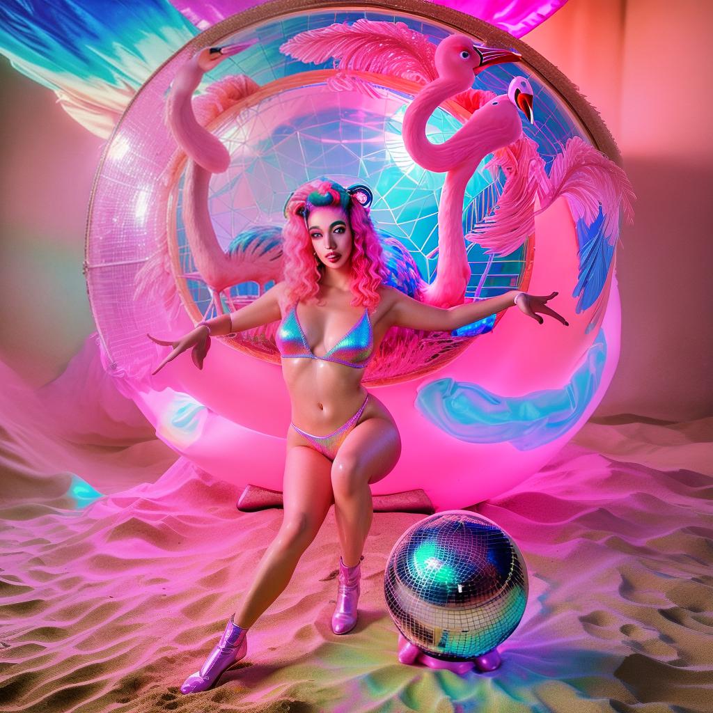 a cult of neon flamingos worshipping a giant disco ball, surrounded by shimmering sand dunes in a vaporwave style, with feathers made of iridescent silk