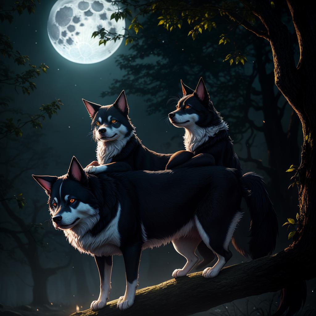  Cheshire dog, resting on a tree branch, light fog, moonlight, glowing eyes, realistic.