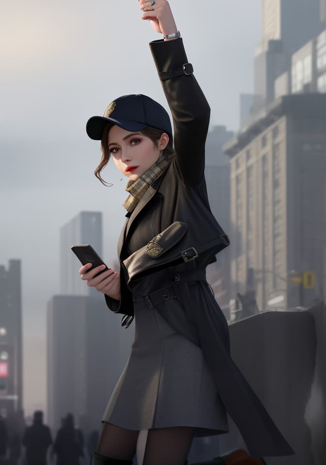  masterpiece, best quality, Best quality, female, genderswap, trench coat, scarf, baseball cap, pencil skirt, boots, night, city, running, Adrien Pearce, Watch Dogs, holding smartphone.