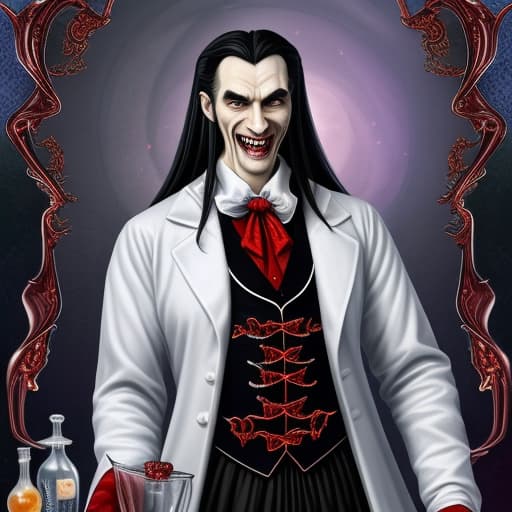  Picture Dracula as a scientist preparing something fizzy and sparkling with insane details and vivid colors and handsome character full body cloths and vampire teeth