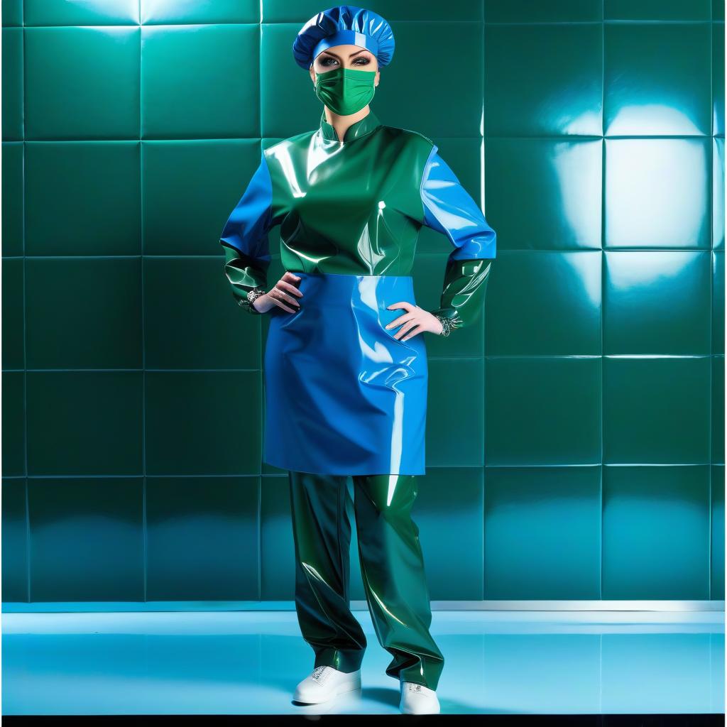  woman surgeon, wearing a shower beret made of two colors glossy latex, the upper part of the beret with a round dome extended upward with pleats, (glossy latex dark blue:0.5), and the lower part of the beret smocked with pleats with an elastic band, glossy lated dark green hyperrealistic, full body, detailed clothing, highly detailed, cinematic lighting, stunningly beautiful, intricate, sharp focus, f/1. 8, 85mm, (centered image composition), (professionally color graded), ((bright soft diffused light)), volumetric fog, trending on instagram, trending on tumblr, HDR 4K, 8K