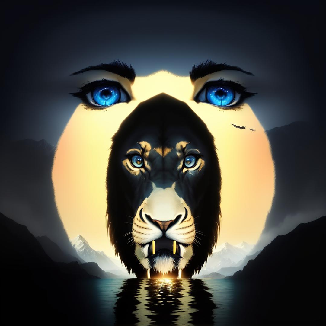  an abstract picture of predators life, with a beautiful landscape , at the background of a lion , a lion at the back of a donkey , a donkey at the back of a human face , a beautiful landscape , a human face in front of a donkey , 3 characters in one/single character,all surrounded by water , when predators prey , a lion as a predator , the donky as a prey , a human face shouting ,sunset , Blue Sky , animal zoo , wildlife , nature , curvy , the circles of life . and A very colorful abstract picture of a females tiger face at the back with eyes and a nose, the tigers mouth wide open, around another donkey's face , the donky has eyes and eyes and a nose, around the face of another person , who has eyes and noses, all are surrounded by wa