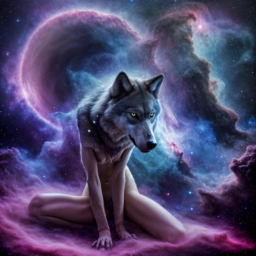  an ethereal and haunting wolf about to leap made of stardust in a cosmic setting surrounded by a nebula