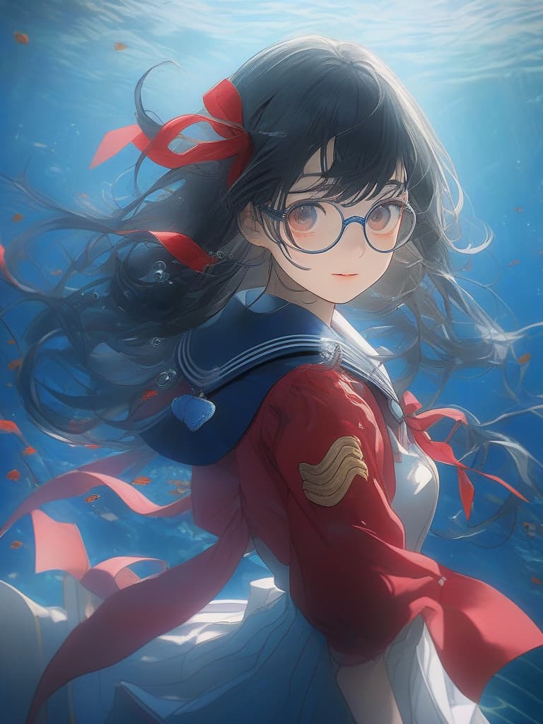  Black hair, glasses, red ribbon, underwater, sailor suit, mysterious, masterpiece, best quality,8k,ultra detailed,high resolution,an extremely delicate and beautiful,hyper detail