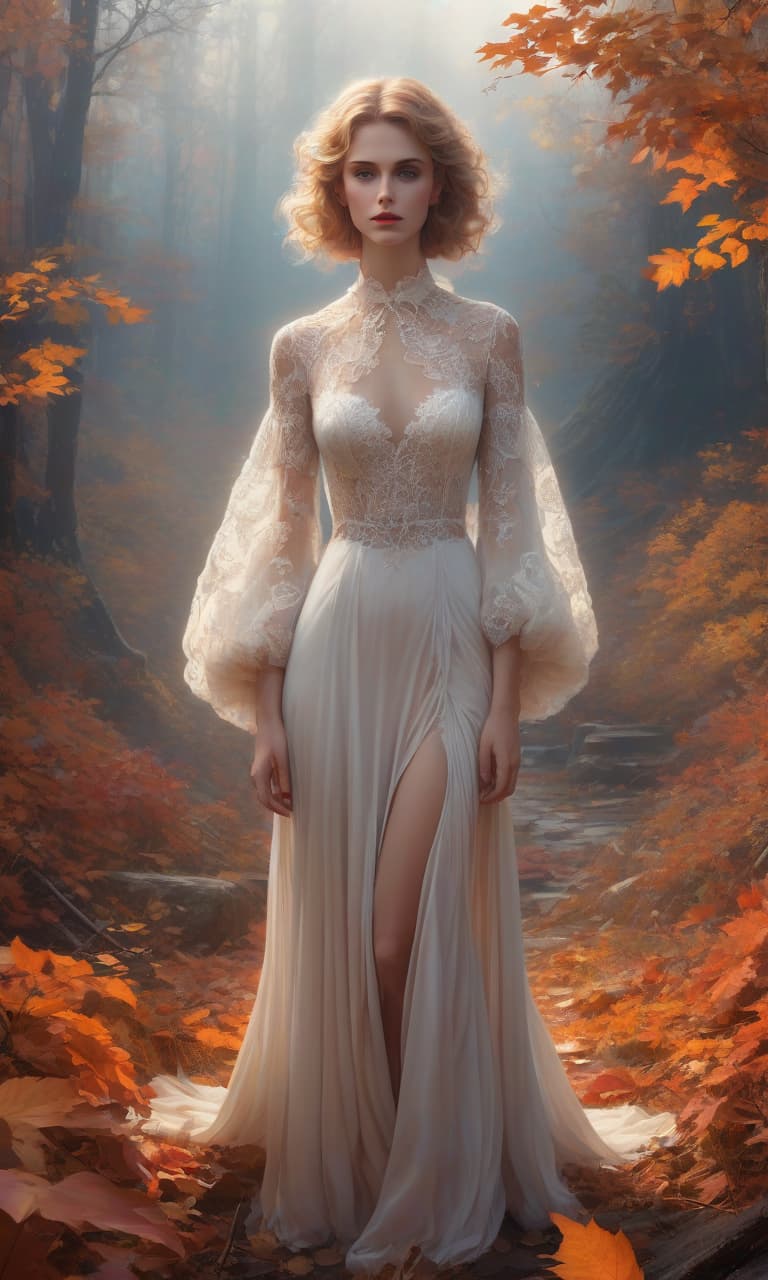  Masterpiece, acrylic painting: 1.7. A girl stands with her entire body. The background is autumn nature, small, pencil, digital art, 8K, Artgerm, Stephen Daley, Ian McQue, Hugh Weston, John Barker, Ultra HD, realistic, bright colors, high detail, fluffy fur. Tender lace. The drawing is UHD, pen and ink, perfect composition, beautiful intricate complex octagonal visualization, trending on Artstation, artistic photography 8K, photorealistic concept art, soft natural voluminous cinematic perfect light. hyperrealistic, full body, detailed clothing, highly detailed, cinematic lighting, stunningly beautiful, intricate, sharp focus, f/1. 8, 85mm, (centered image composition), (professionally color graded), ((bright soft diffused light)), volumetric fog, trending on instagram, trending on tumblr, HDR 4K, 8K