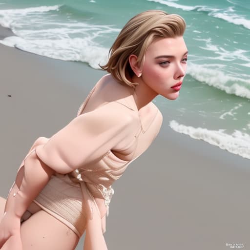  Scarlett Johanson vestindo um biquini de praia pequeno e com cabelos loiros