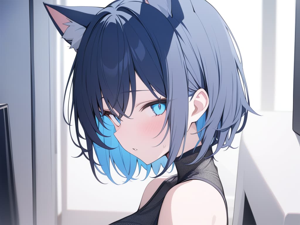  Short hair, light blue mesh, , cat ears, jit eyes, light blue eyes, big s, dark blue hair, light blue inner color, scagian, masterpiece, best quality,8k,ultra detailed,high resolution,an extremely delicate and beautiful,hyper detail