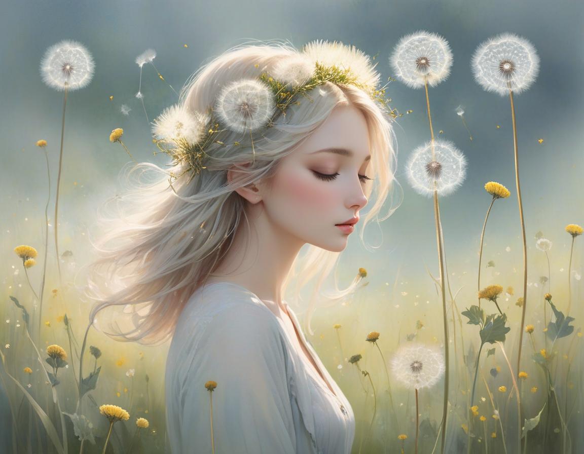  A tranquil image of a young with dandelions in her hair, surrounded by a soft, dreamy landscape. Delicate watercolor painting, ethereal atmosphere, whimsical dandelion hair, floating wishes, eyes reflecting the sky, innocence and wonder, soft pastel colors, gentle strokes, dreamy and airy feel, light and shadow play, intricate details, fine art quality, by Emily Winfield Martin, Etsy, 3000x4000 resolution. hyperrealistic, full body, detailed clothing, highly detailed, cinematic lighting, stunningly beautiful, intricate, sharp focus, f/1. 8, 85mm, (centered image composition), (professionally color graded), ((bright soft diffused light)), volumetric fog, trending on instagram, trending on tumblr, HDR 4K, 8K