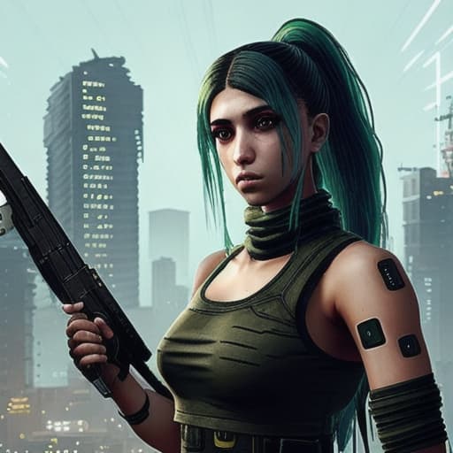  Cyberpunk combat sports I want a design for a dress for the game PUBG, inspired by the Palestinian fighting girl with green eyes and long hair, with details of the Palestinian heritage and the Palestinian keffiyeh.