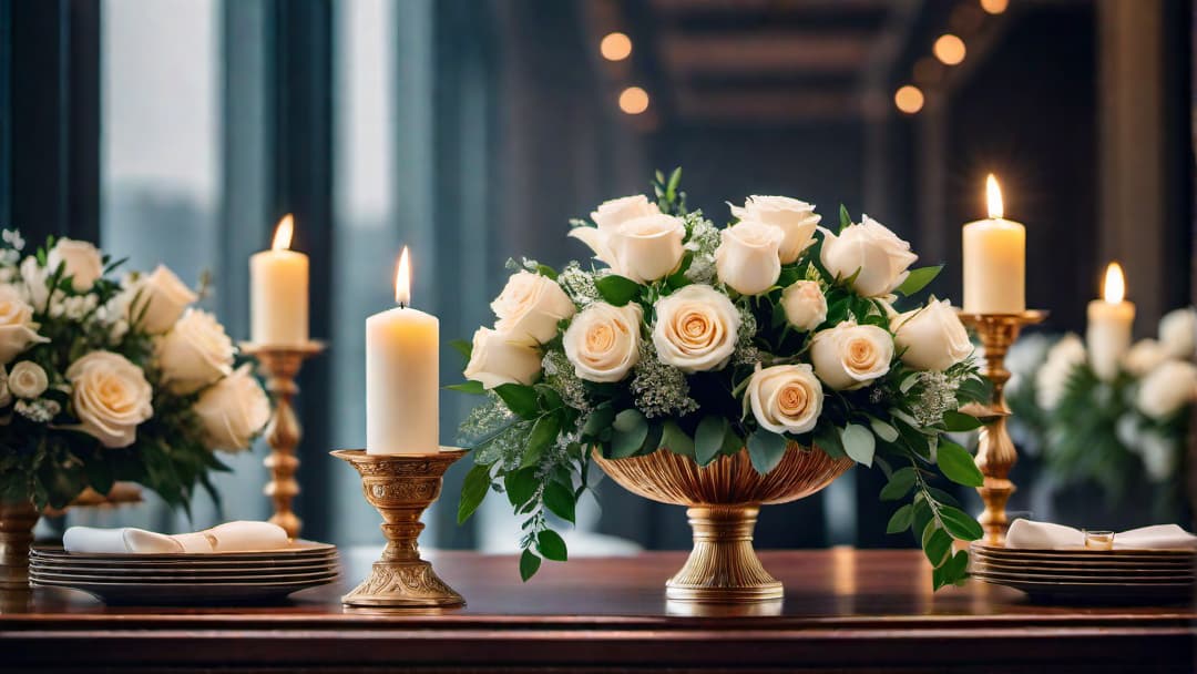  Create an image of an elegant wedding table centerpiece featuring a blend of lush greenery, delicate white roses, and golden candle holders. The centerpiece should be placed on a polished wooden table alongside fine china, crystal glassware, and intricate silver cutlery. The setting should evoke a formal and luxurious wedding reception ambiance. hyperrealistic, full body, detailed clothing, highly detailed, cinematic lighting, stunningly beautiful, intricate, sharp focus, f/1. 8, 85mm, (centered image composition), (professionally color graded), ((bright soft diffused light)), volumetric fog, trending on instagram, trending on tumblr, HDR 4K, 8K