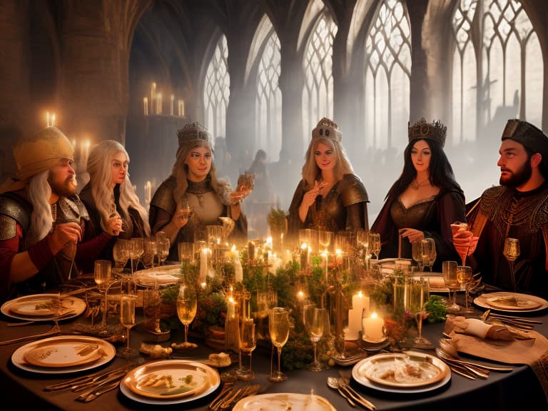  medieval banquet hyperrealistic, full body, detailed clothing, highly detailed, cinematic lighting, stunningly beautiful, intricate, sharp focus, f/1. 8, 85mm, (centered image composition), (professionally color graded), ((bright soft diffused light)), volumetric fog, trending on instagram, trending on tumblr, HDR 4K, 8K